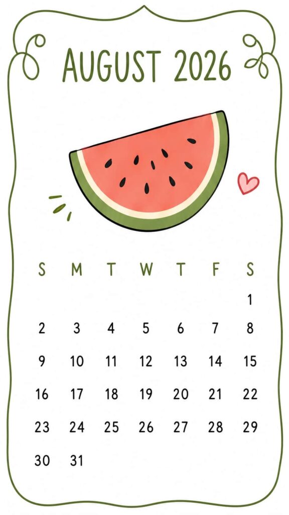 Watermelon Summer August 2026 Calendar Phone Wallpaper