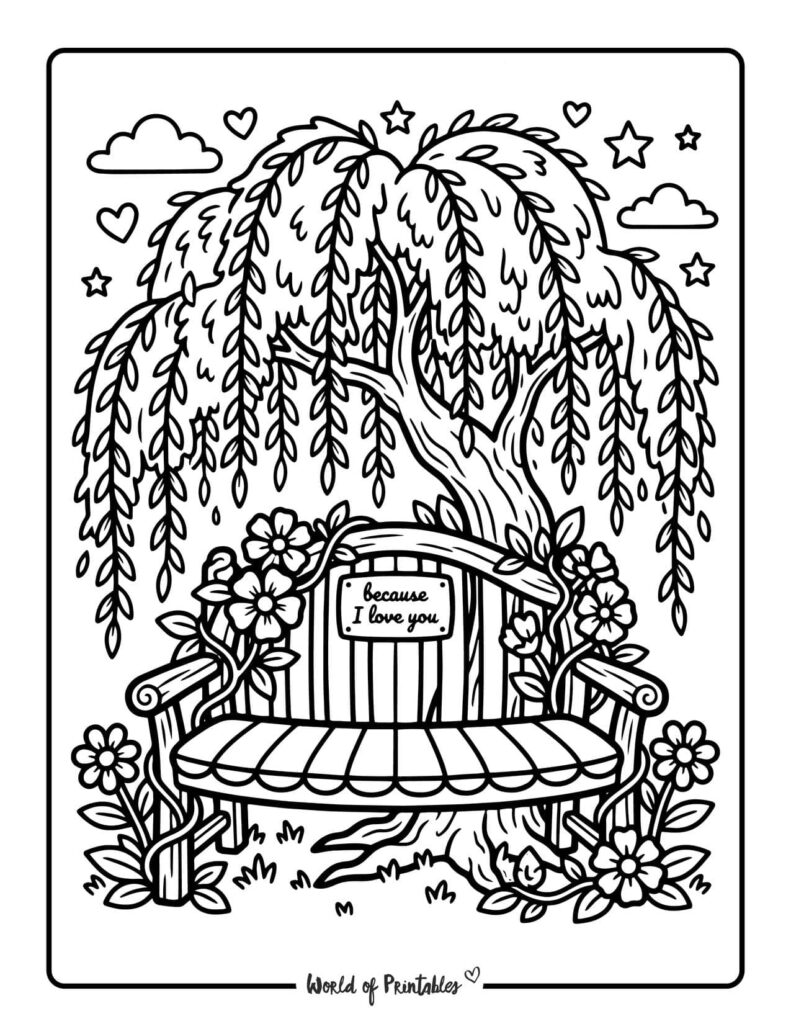Weeping Willow Garden Bench Coloring Page