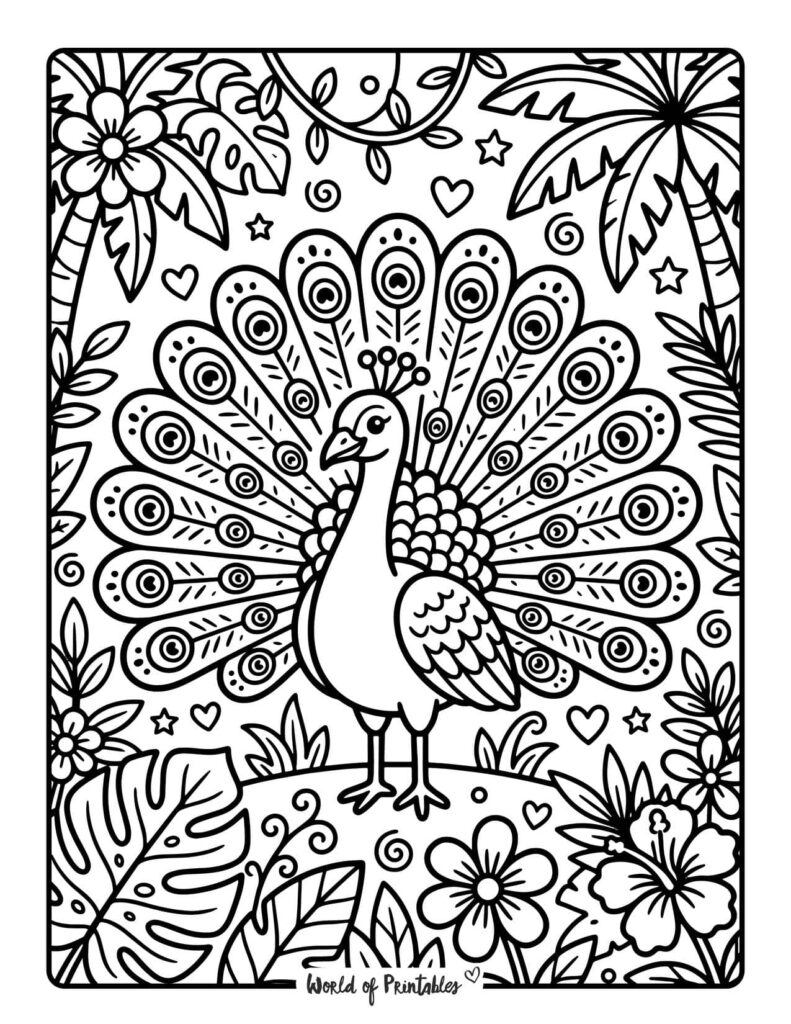peacock jungle coloring page