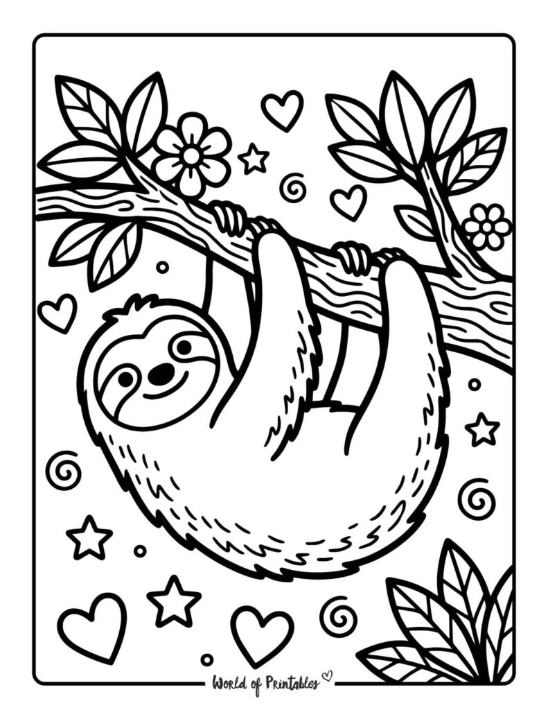 sloth jungle coloring page