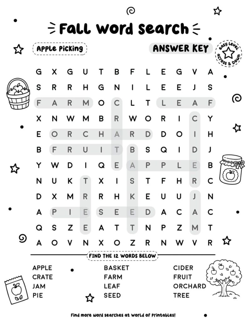 Apple Picking - Easy Fall Word Search Answer Key