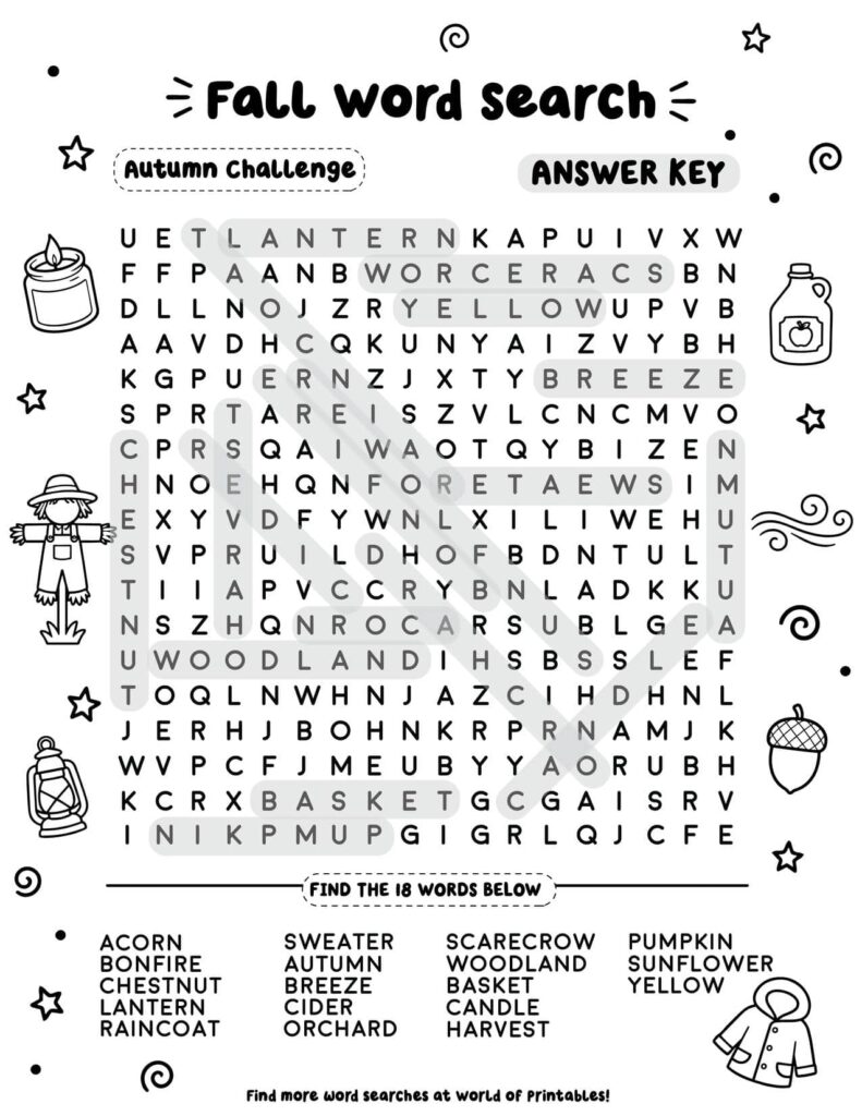 Autumn Challenge - Hard Fall Word Search Answer Key