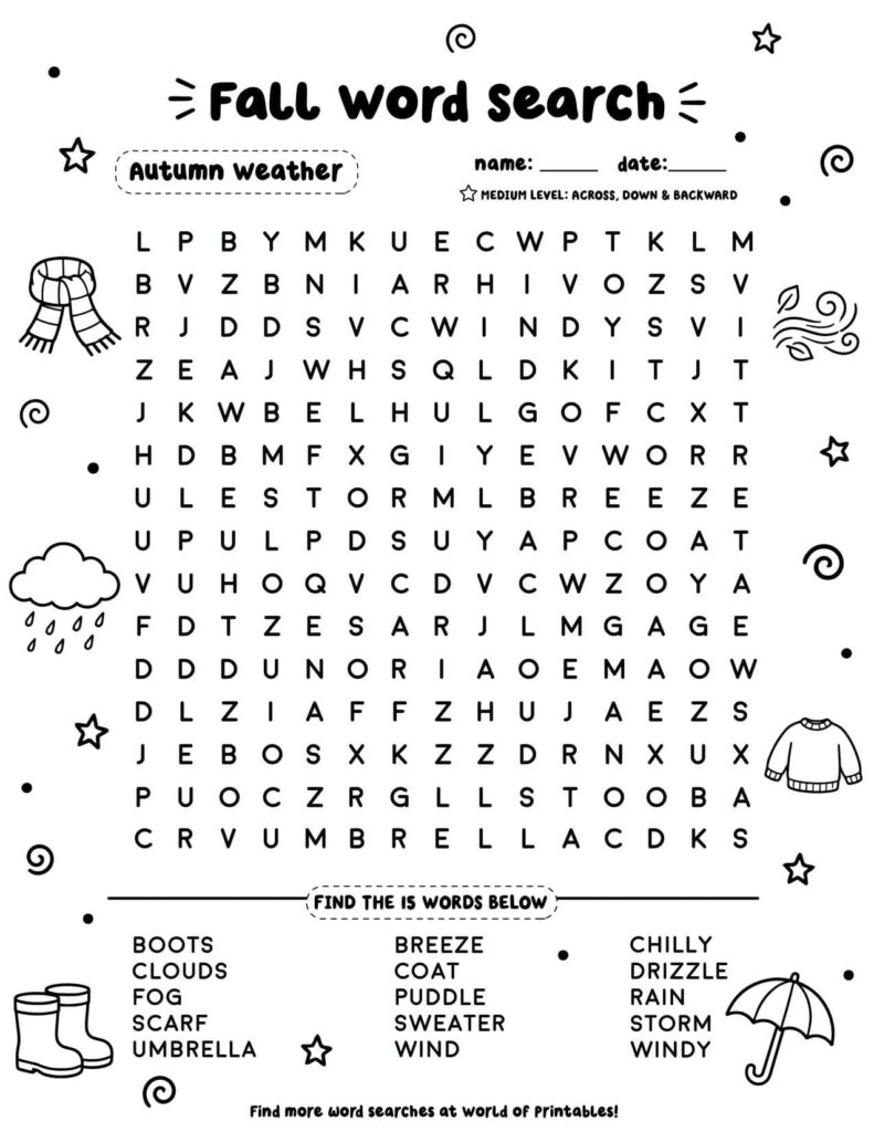 Autumn Weather - Medium Fall Word Search