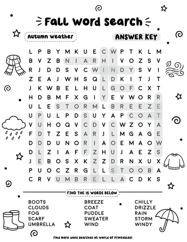 Autumn Weather - Medium Fall Word Search Answer Key