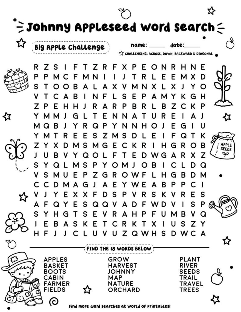 Big Apple Challenge - Hard Johnny Appleseed Word Search