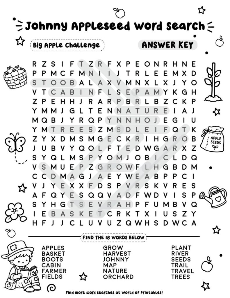 Big Apple Challenge - Hard Johnny Appleseed Word Search Answer Key