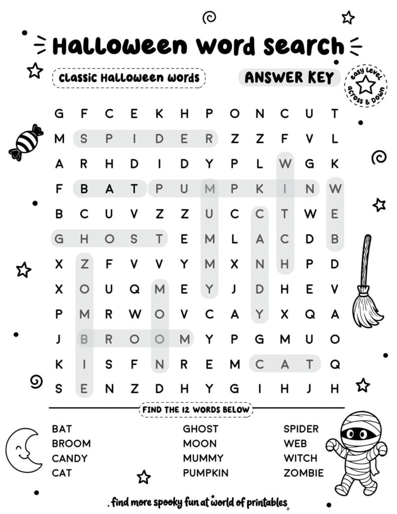 Classic Halloween Words Halloween Word Search - Easy Level Answer Key