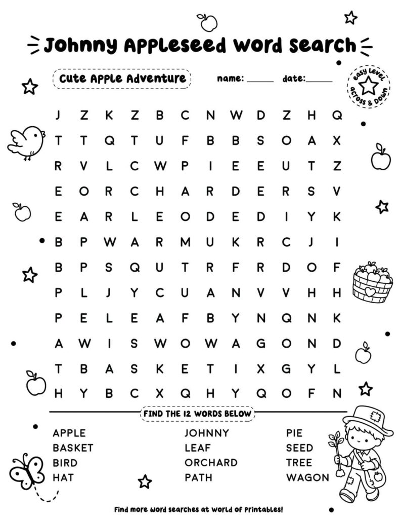 Cute Apple Adventure - Easy Johnny Appleseed Word Search