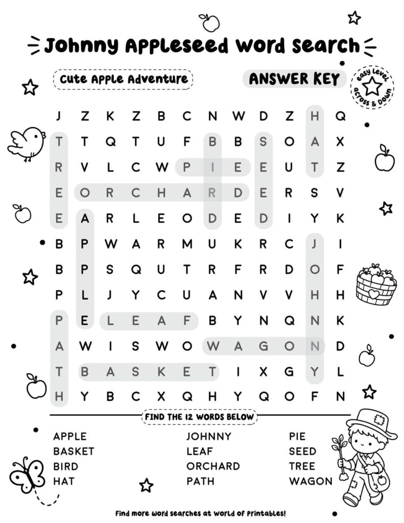 Cute Apple Adventure - Easy Johnny Appleseed Word Search Answer Key