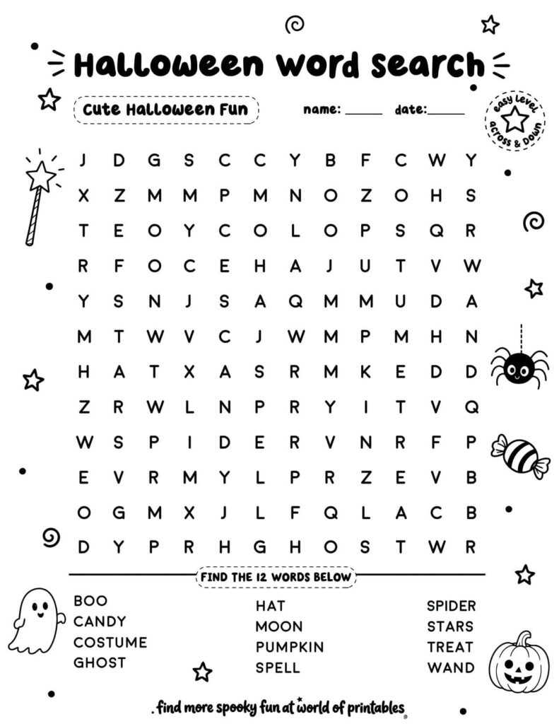 Cute Halloween Fun Halloween Word Search - Easy Level
