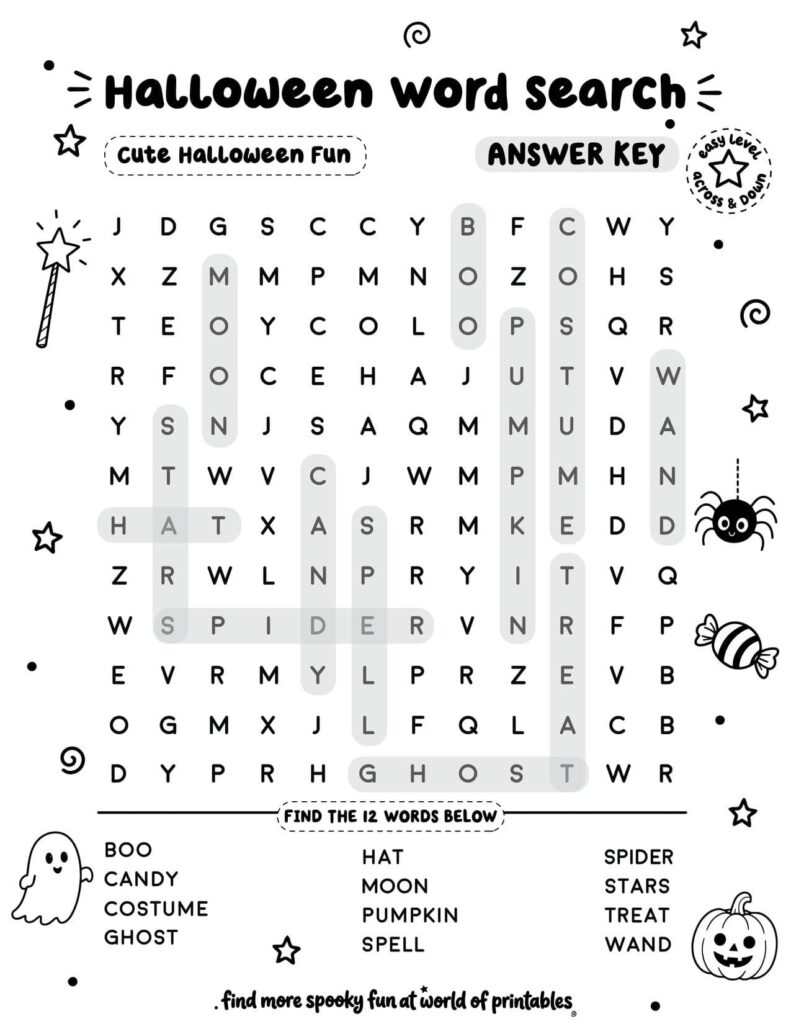 Cute Halloween Fun Halloween Word Search - Easy Level Answer Key