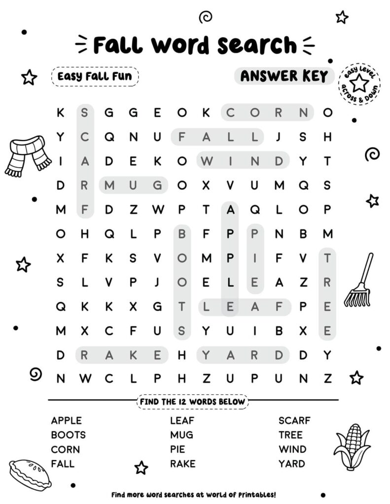 Easy Fall Fun - Easy Fall Word Search Answer Key