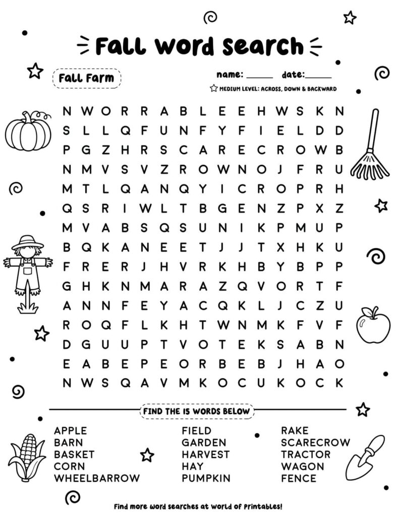 Fall Farm - Medium Fall Word Search