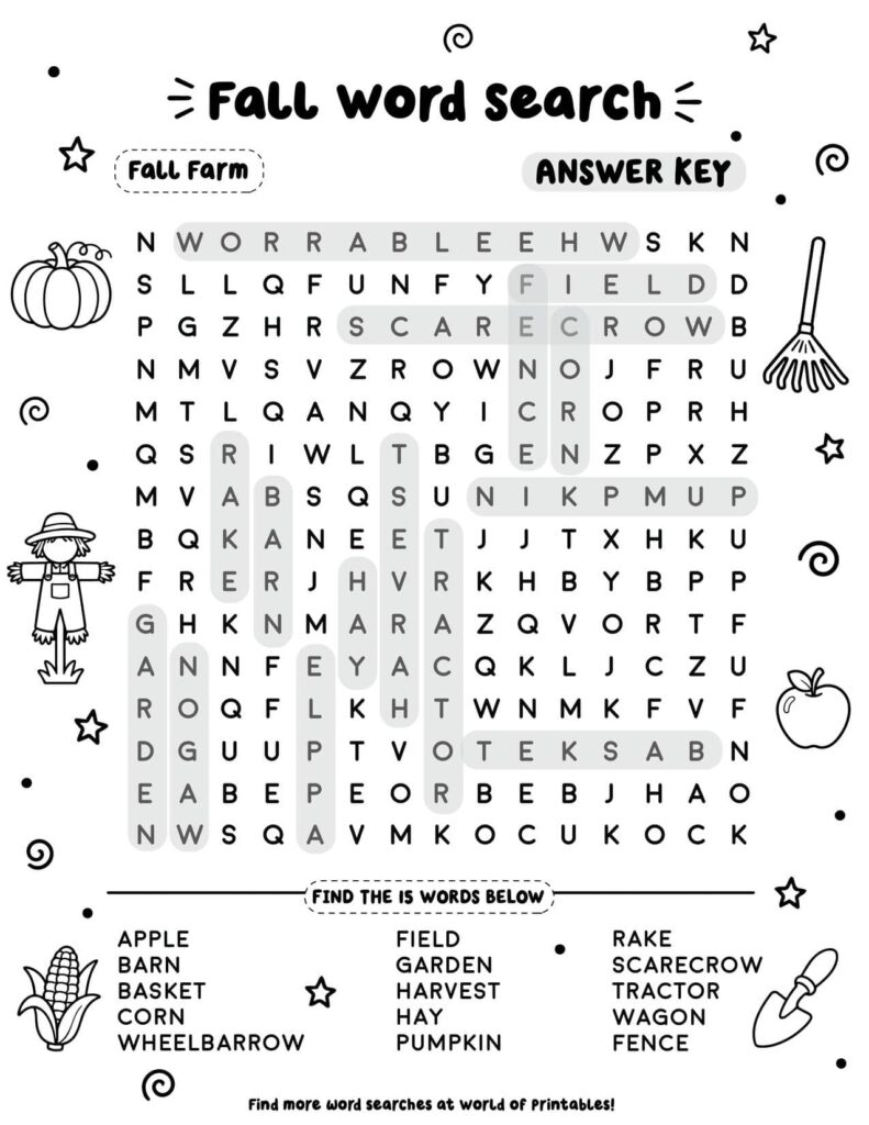 Fall Farm - Medium Fall Word Search Answer Key