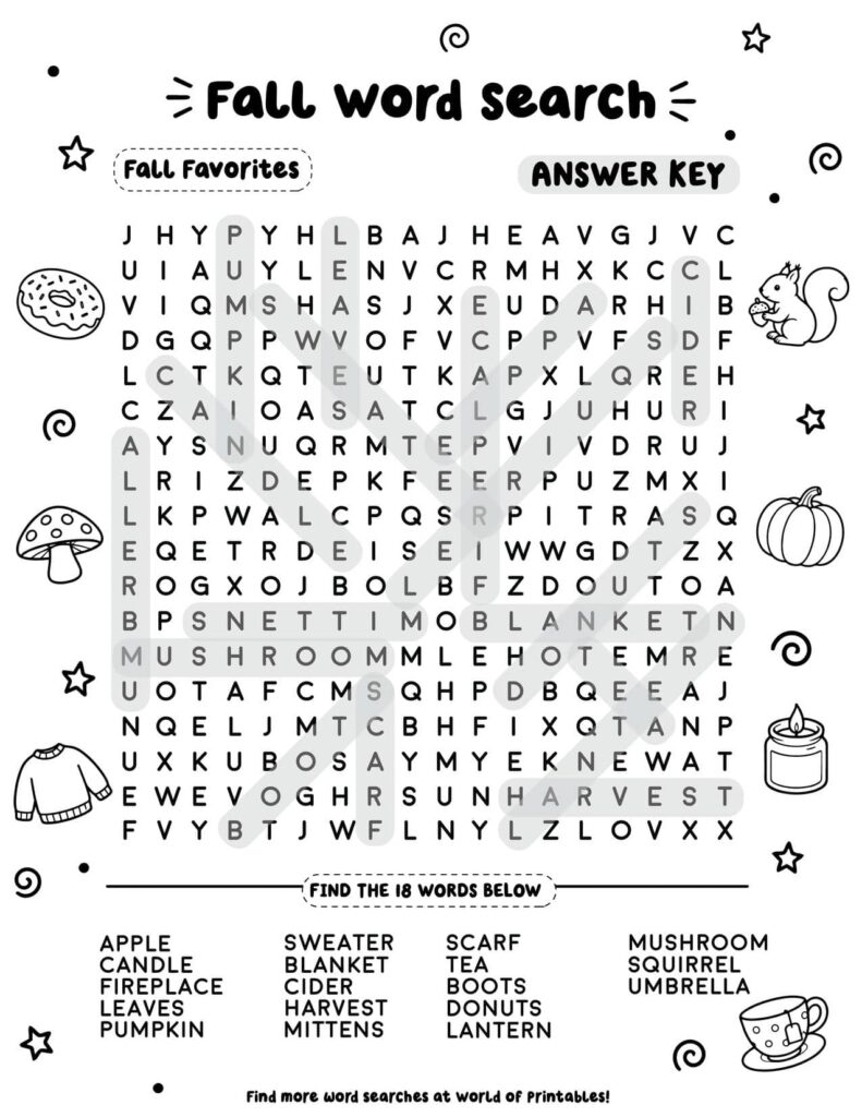 Fall Favorites - Hard Animal Word Search Answer Key