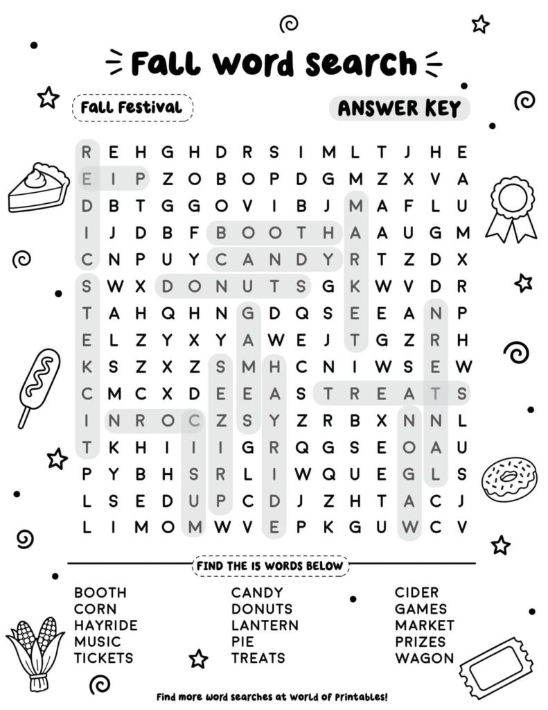 Fall Festival - Medium Fall Word Search Answer Key