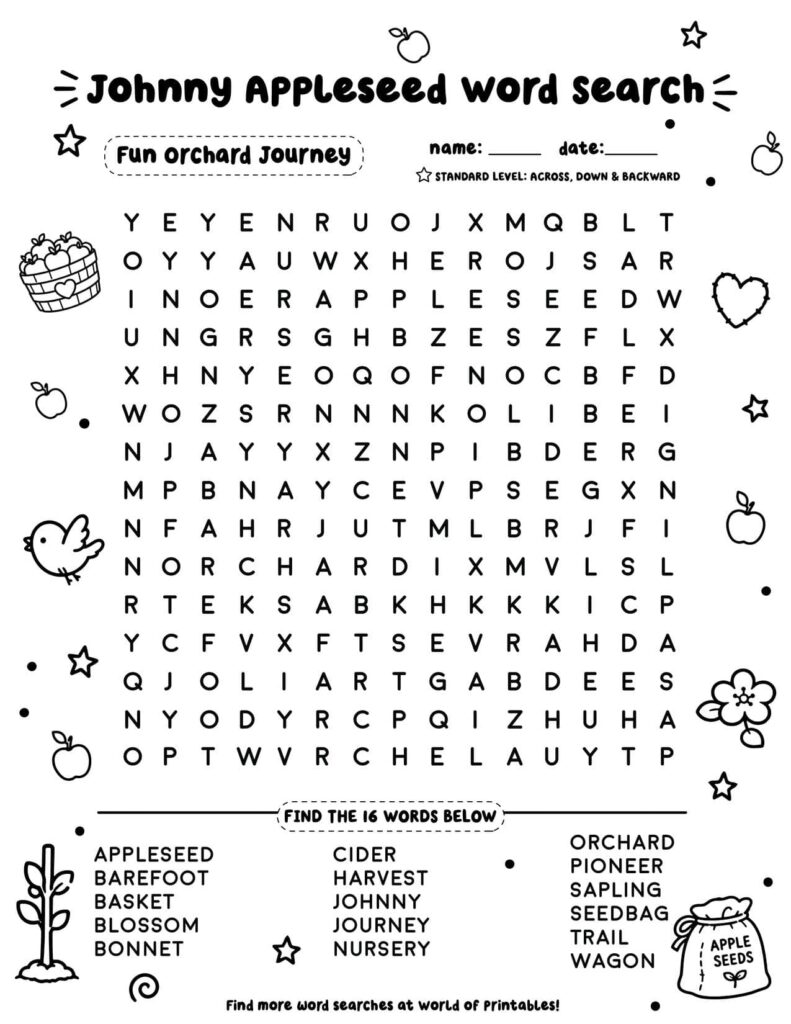 Fun orchard Journey - Medium Johnny Appleseed Word Search