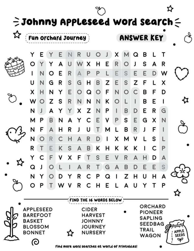 Fun orchard Journey - Medium Johnny Appleseed Word Search Answer Key