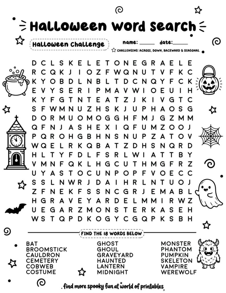 Halloween Challenge Halloween Word Search - Challenging Level