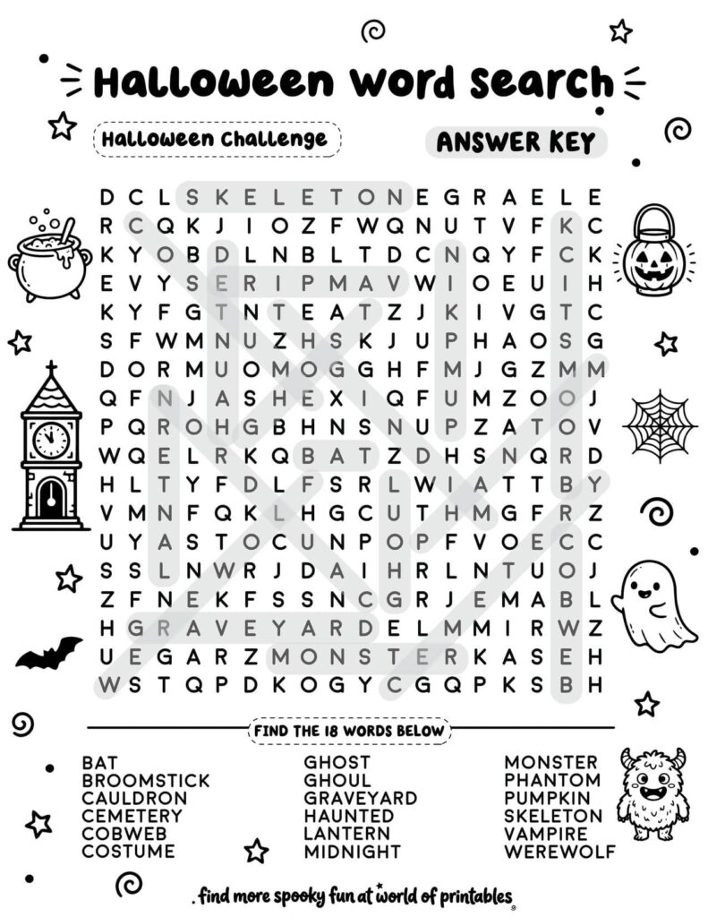 Halloween Challenge Halloween Word Search - Challenging Level Answer Key