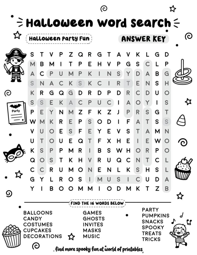 Halloween Party Fun Halloween Word Search - Standard Level Answer Key