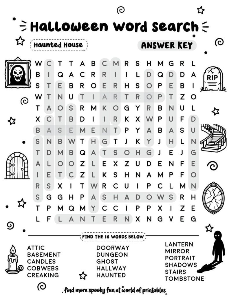 Haunted House Halloween Word Search - Standard Level Answer Key