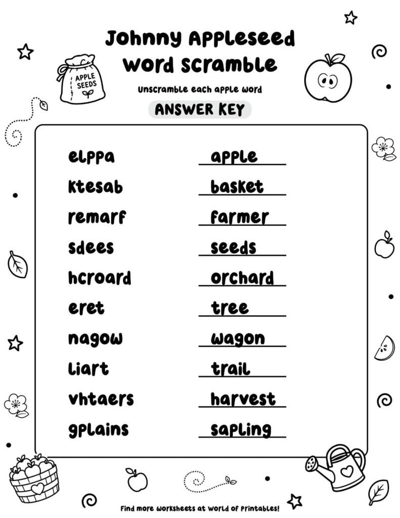 Johnny Appleseed Word Scramble - Answer Key