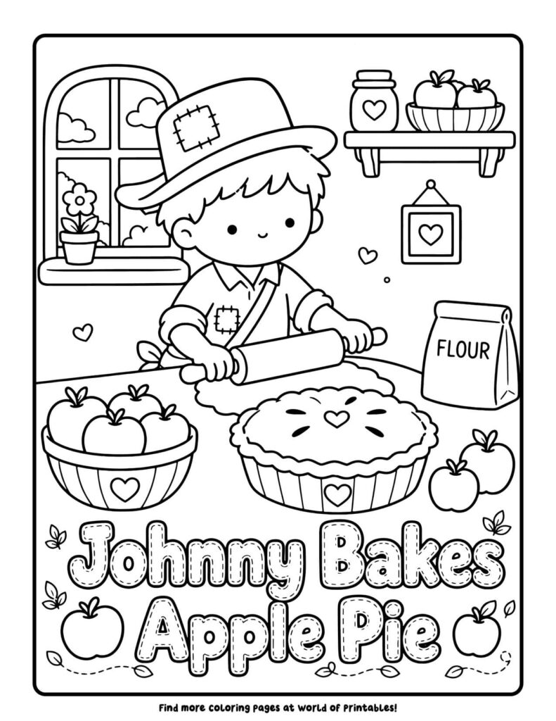 Johnny Bakes Apple Pie - Johnny Appleseed coloring pages