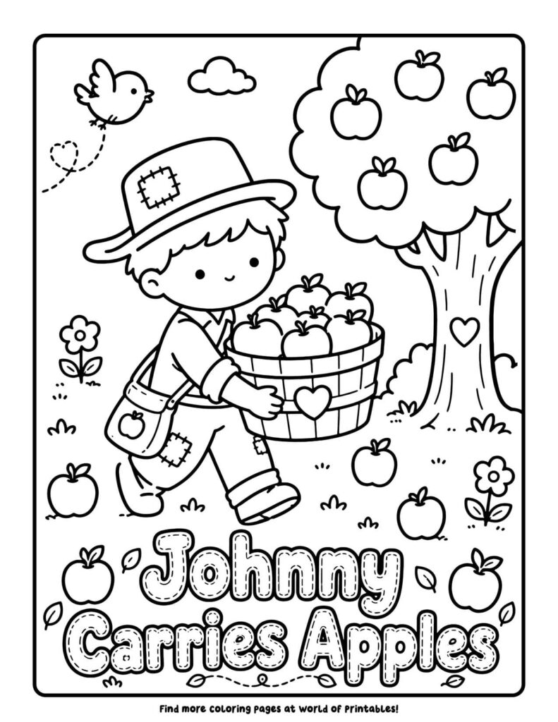 Johnny Carries Apples - Johnny Appleseed coloring pages