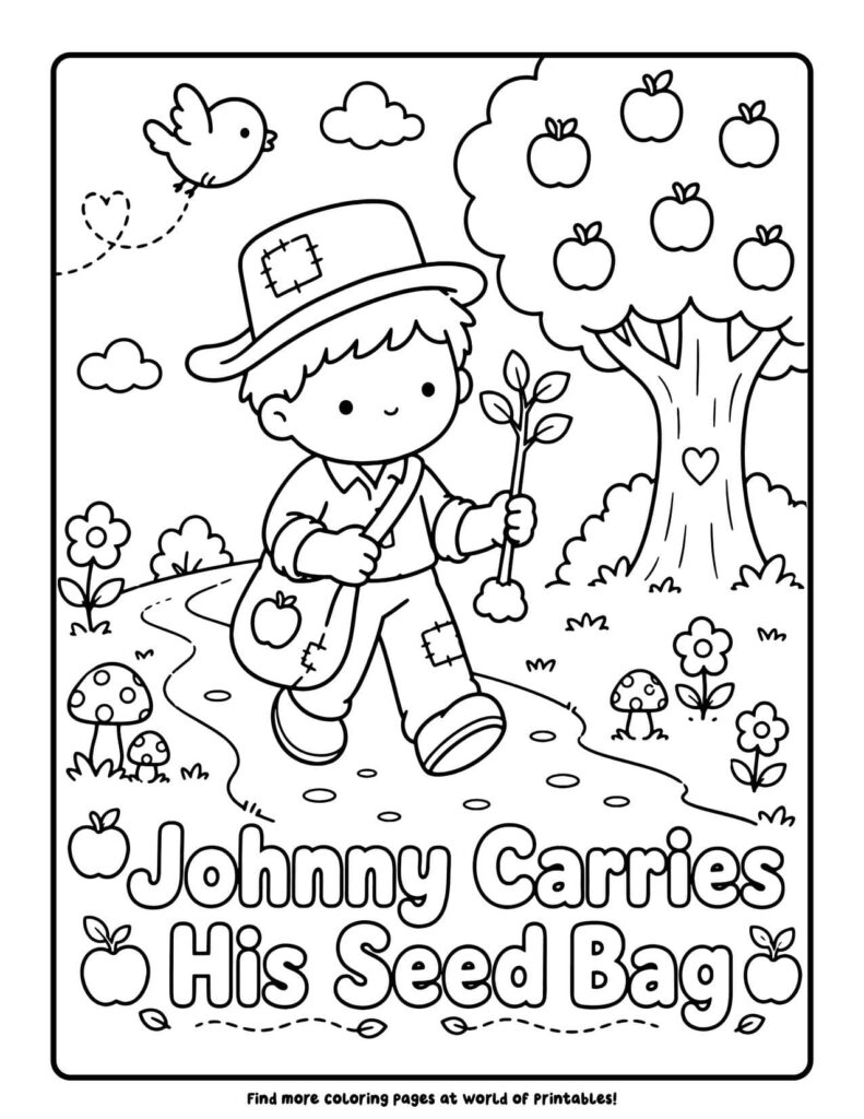 Johnny Carries His Seed Bag - Johnny Appleseed coloring pages