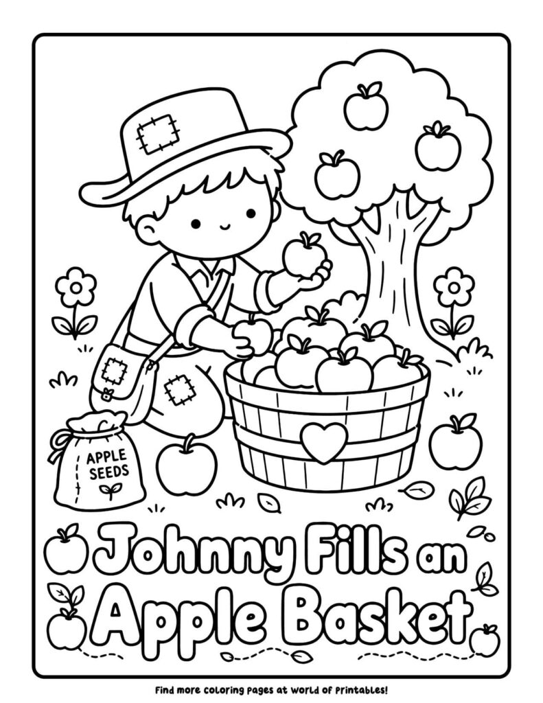 Johnny Fills an Apple Basket - Johnny Appleseed coloring pages