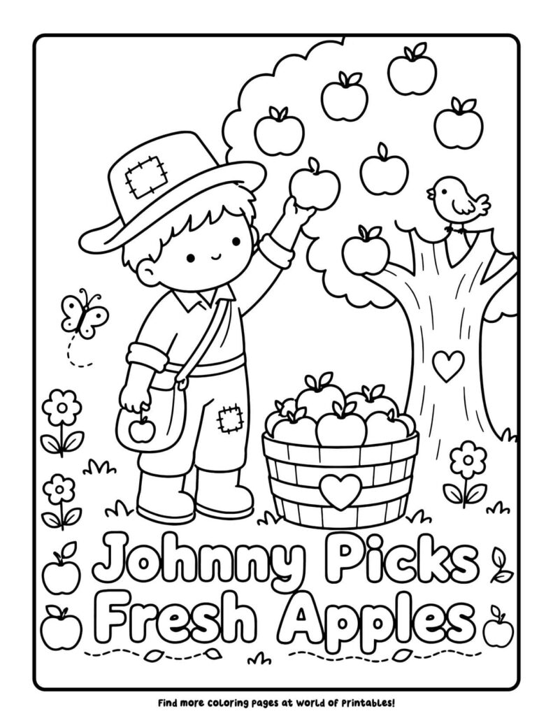 Johnny Picks Fresh Apples - Johnny Appleseed coloring pages