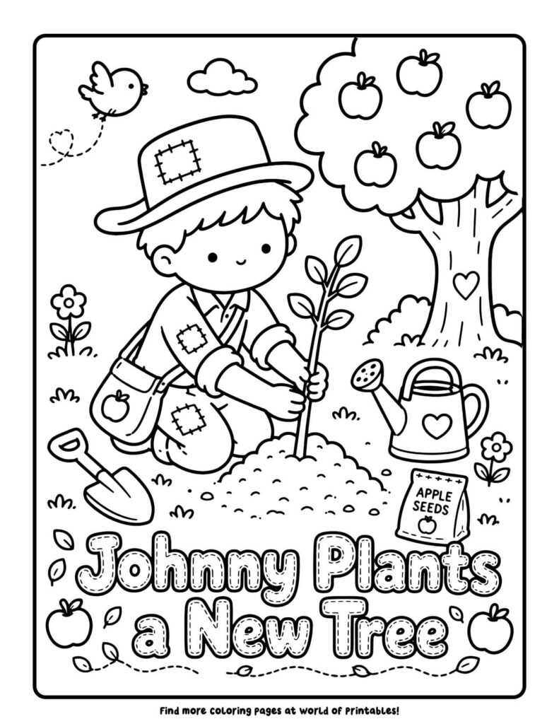 Johnny Plants a New Tree - Johnny Appleseed coloring pages