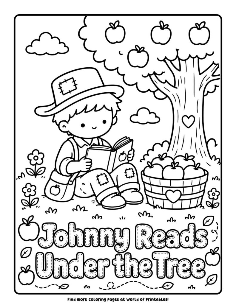 Johnny Reads Under the Tree - Johnny Appleseed coloring pages