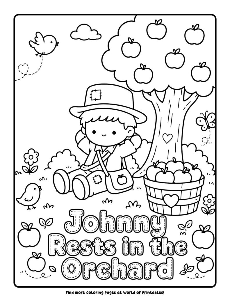 Johnny Rests in the Orchard - Johnny Appleseed coloring pages