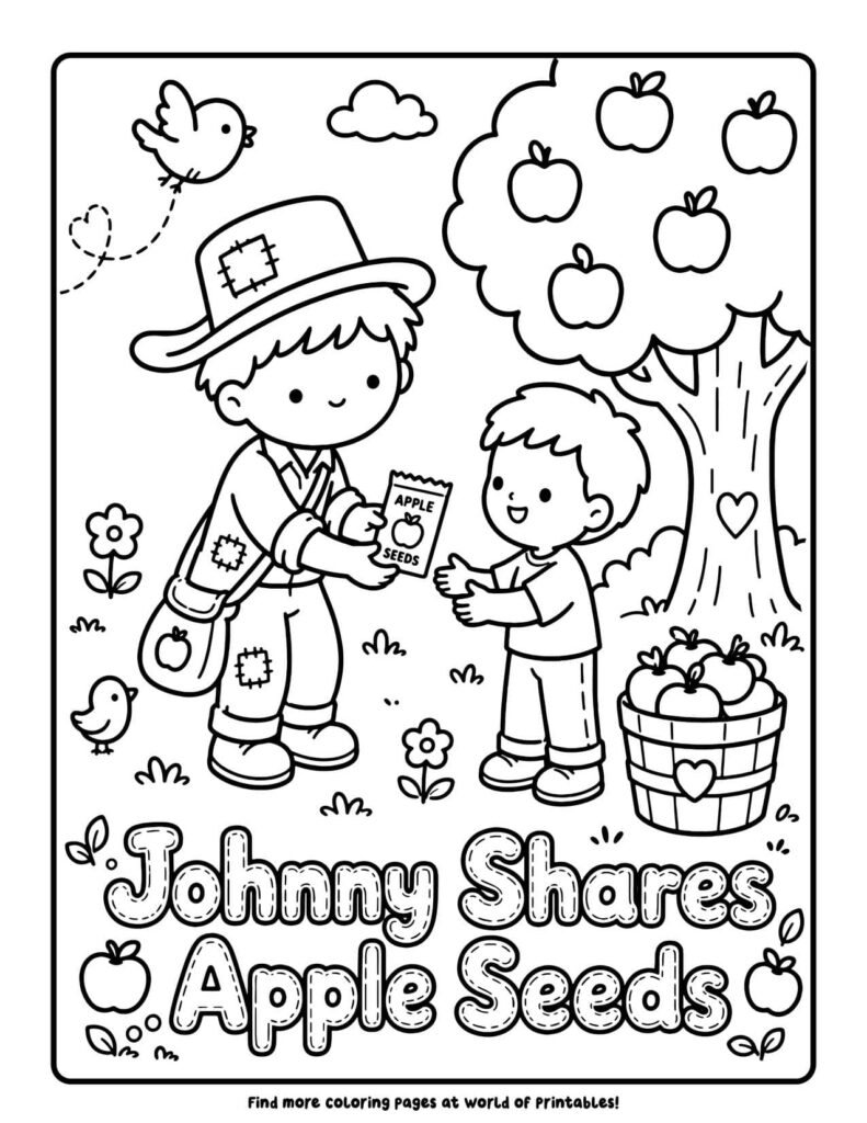 Johnny Shares Apple Seeds - Johnny Appleseed coloring pages