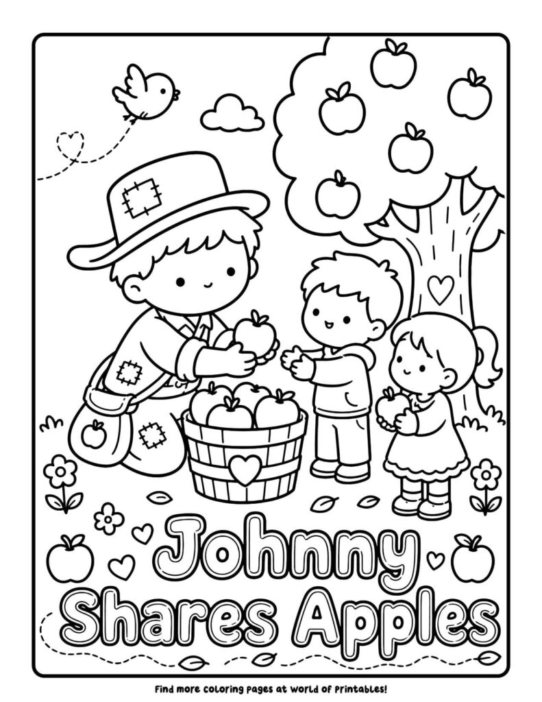 Johnny Shares Apples - Johnny Appleseed coloring pages
