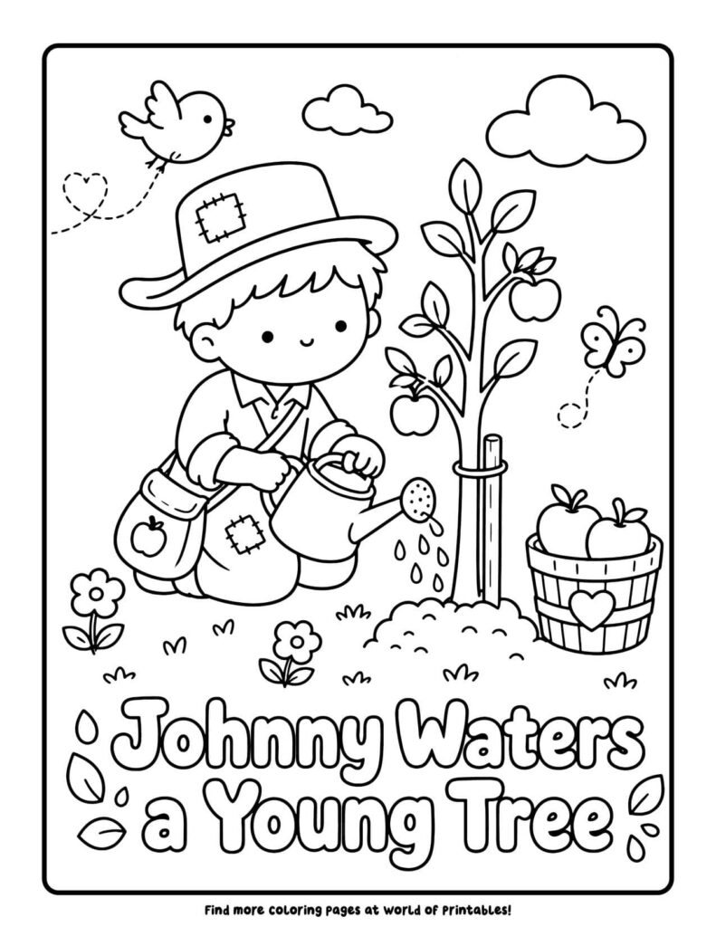 Johnny Waters a Young Tree - Johnny Appleseed coloring pages
