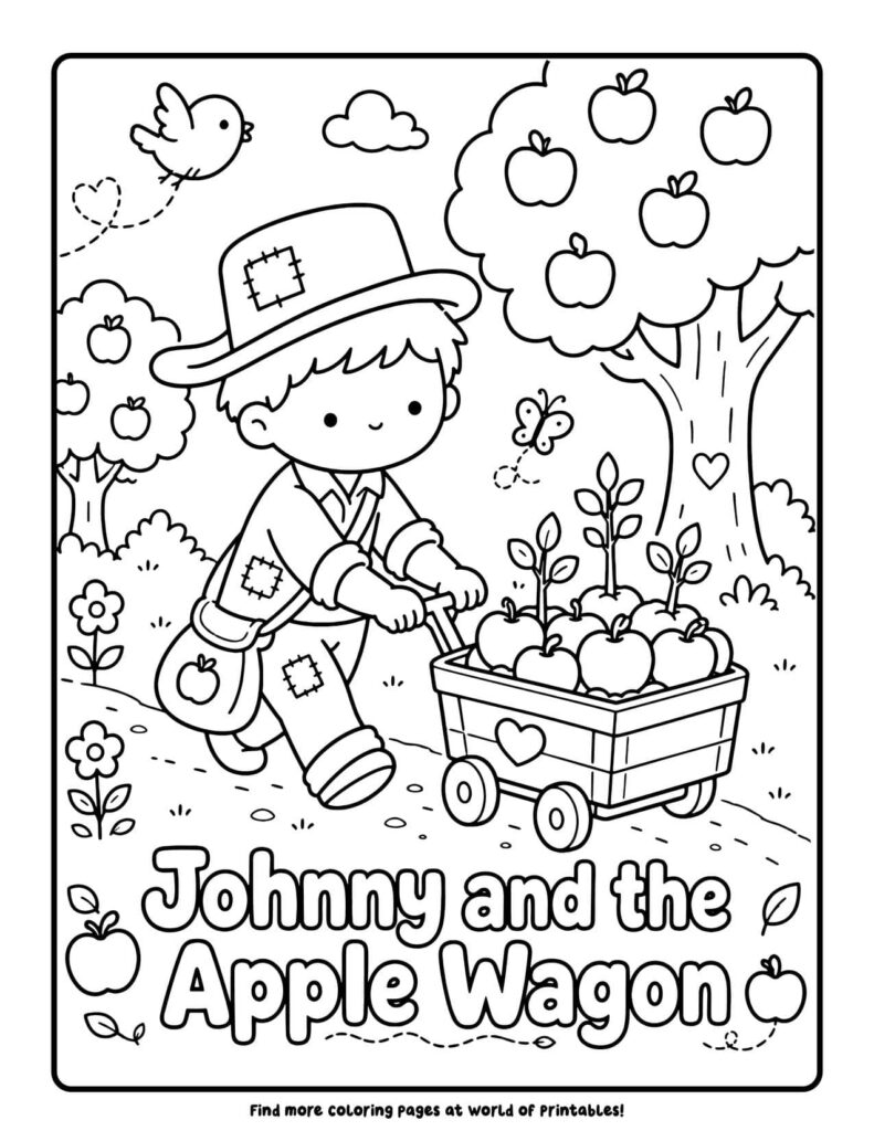 Johnny and the Apple Wagon - Johnny Appleseed coloring pages