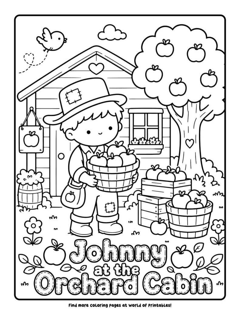 Johnny at the Orchard Cabin - Johnny Appleseed coloring pages