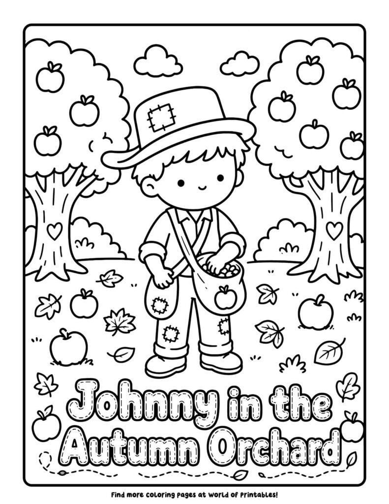 Johnny in the Autumn Orchard - Johnny Appleseed coloring pages