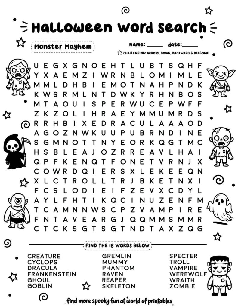 Monster Mayhem Halloween Word Search - Challenging Level