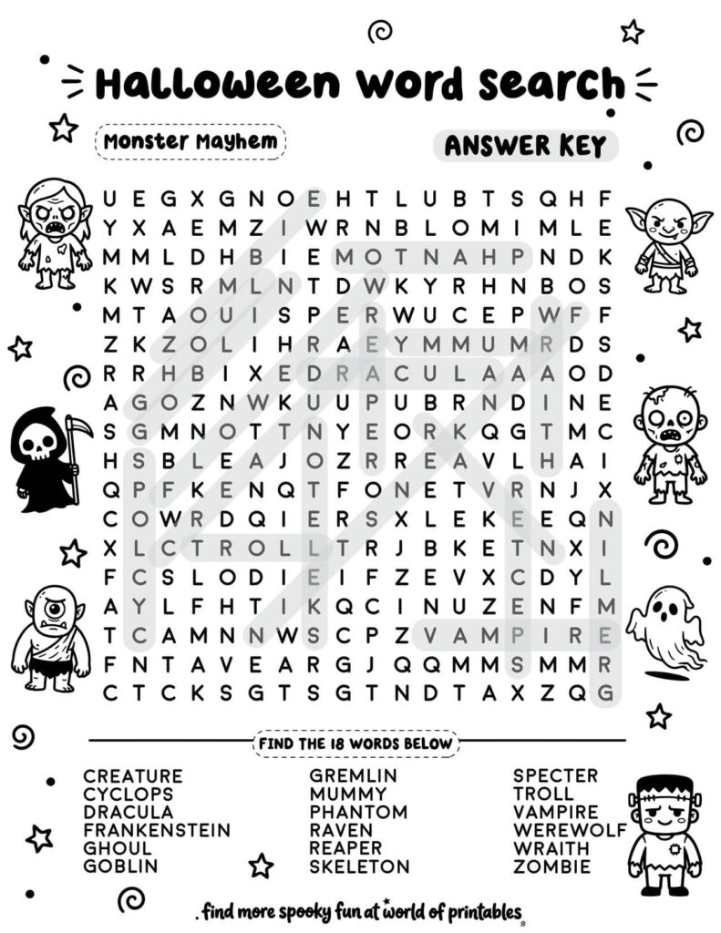 Monster Mayhem Halloween Word Search - Challenging Level Answer Key