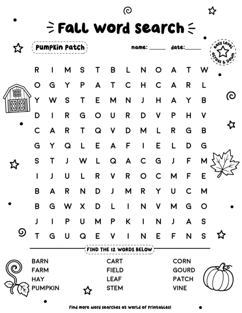 Pumpkin Patch - Easy Fall Word Search