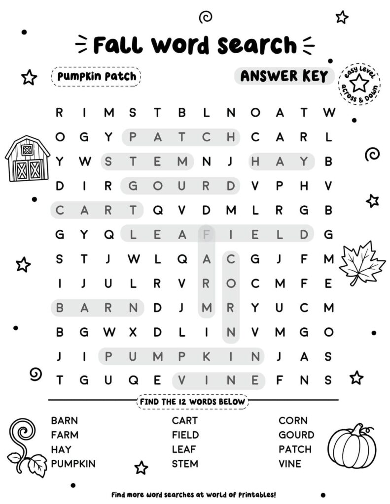 Pumpkin Patch - Easy Fall Word Search Answer Key