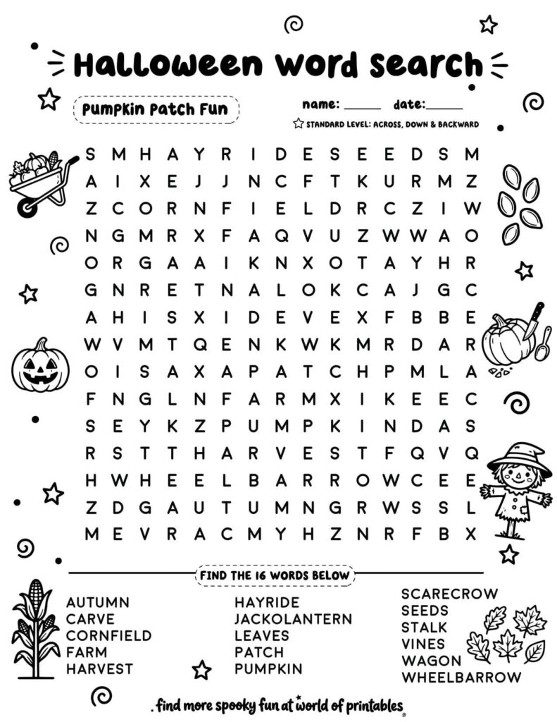 Pumpkin Patch Fun Halloween Word Search - Standard Level