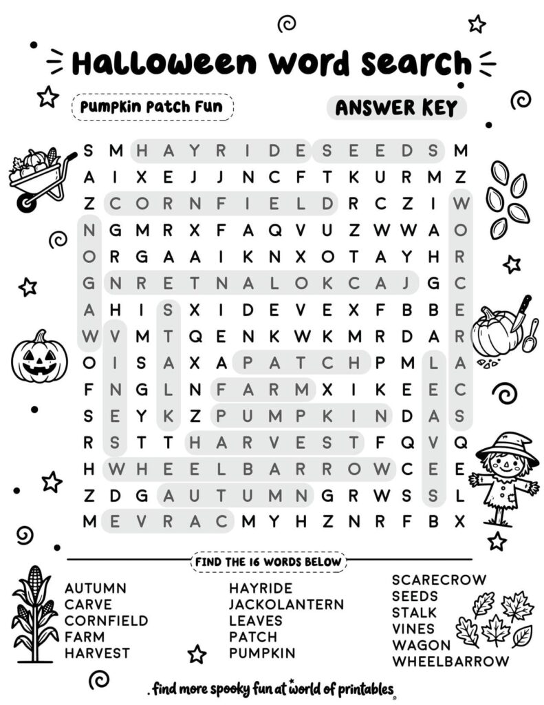 Pumpkin Patch Fun Halloween Word Search - Standard Level Answer Key