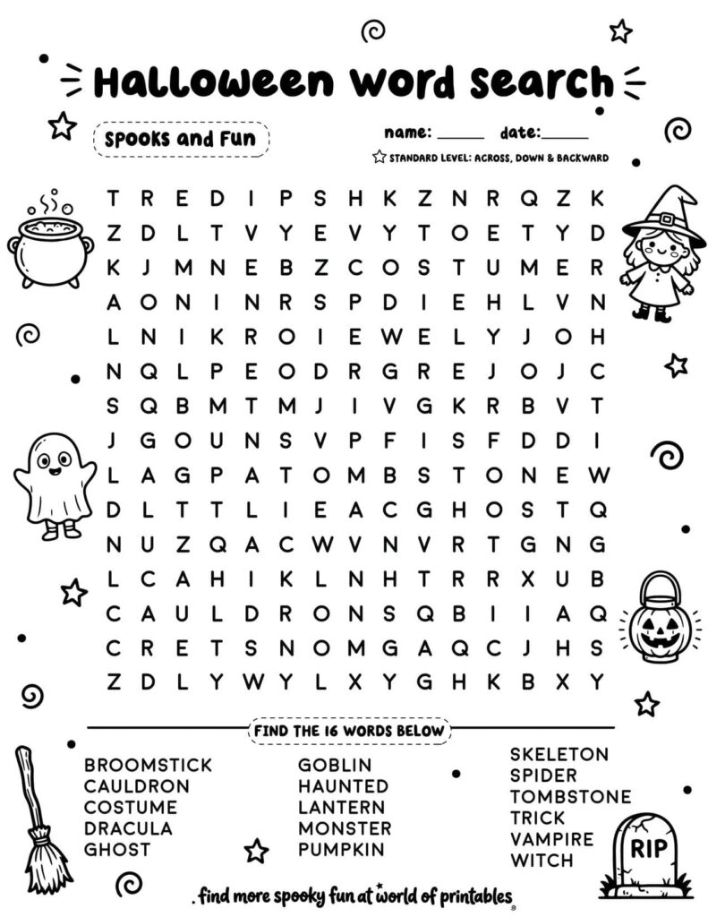 Spooks and Fun Halloween Word Search - Standard Level