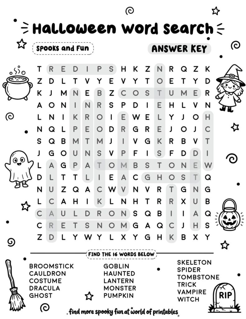 Spooks and Fun Halloween Word Search - Standard Level Answer Key