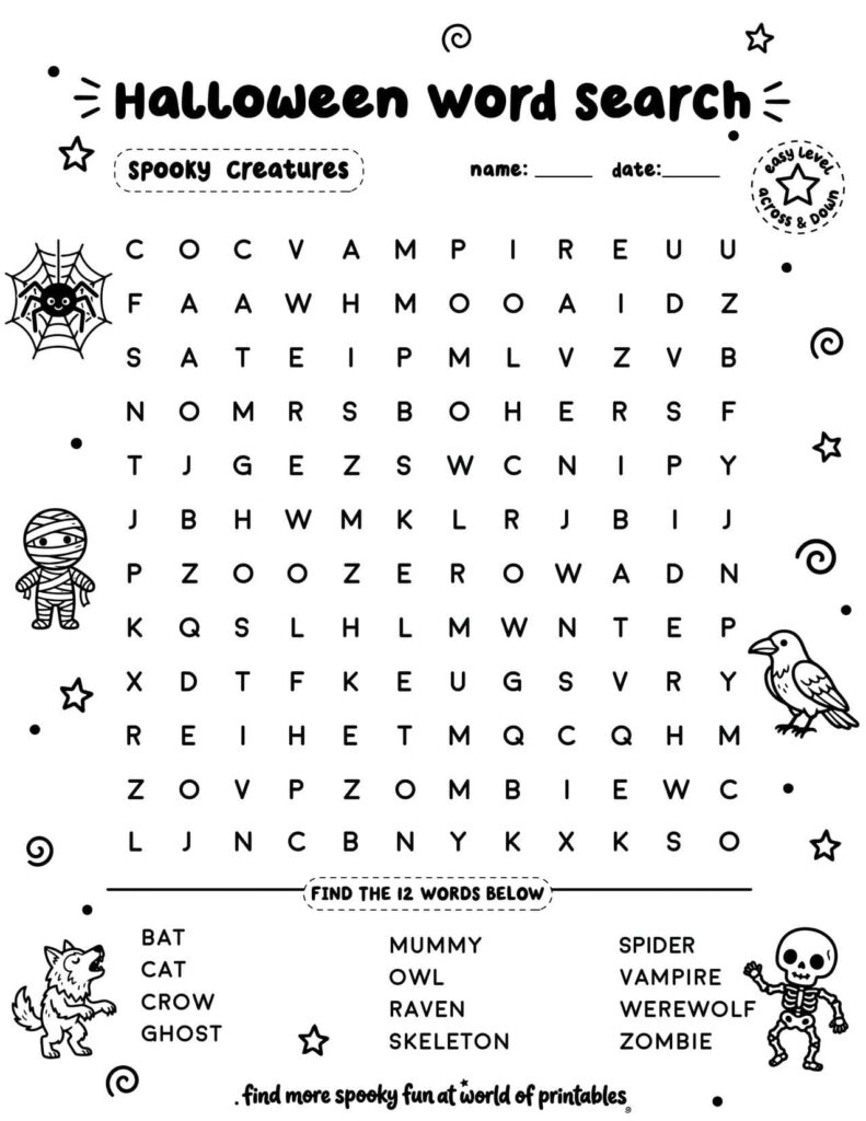 Spooky Creatures Halloween Word Search - Easy Level